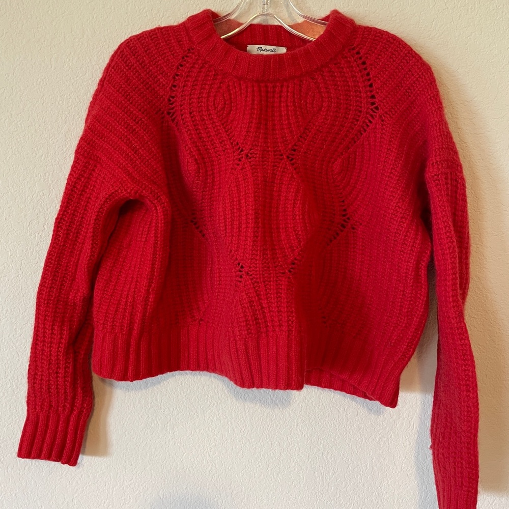 Madewell Red Crew Neck Sweater with Ribbed Texture